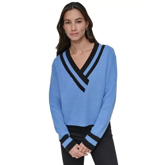 DKNY Jeans Women's Varsity V-Neck Relaxed Warm Cozy Sweater Pullover Blue Blk S - Picture 1 of 6